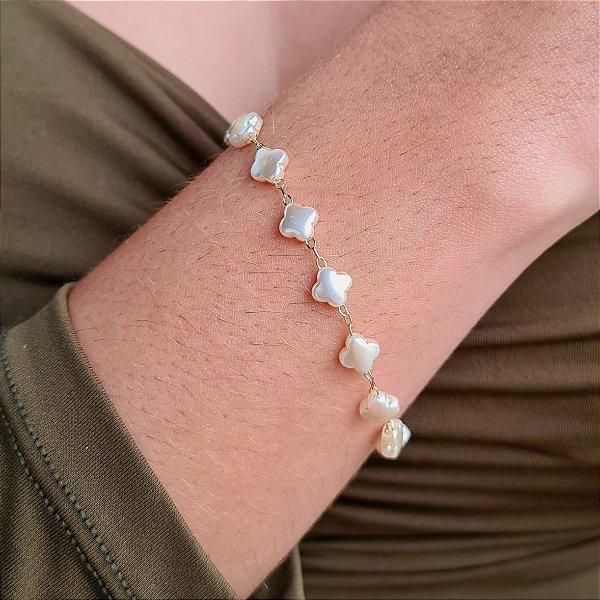 Pulseira Trevo Pérola Semijoia 18k - MP626