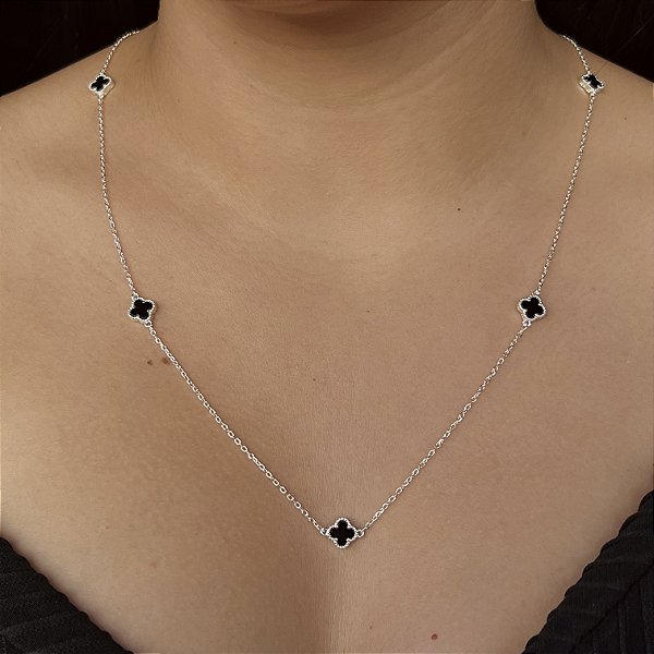 Colar 5 Trevos Preto Resinados 60+5cm Prata 925 - CPR782