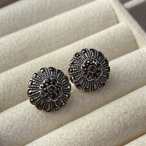 Brincos Flor Cravejado com Marcassitas Prata 925 Bali envelhecida - BPR829