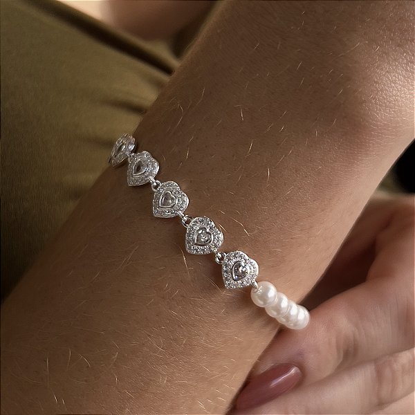 Pulseira com Pérolas e Coração Cravejados com Swarovski Prata 925 - PPR532