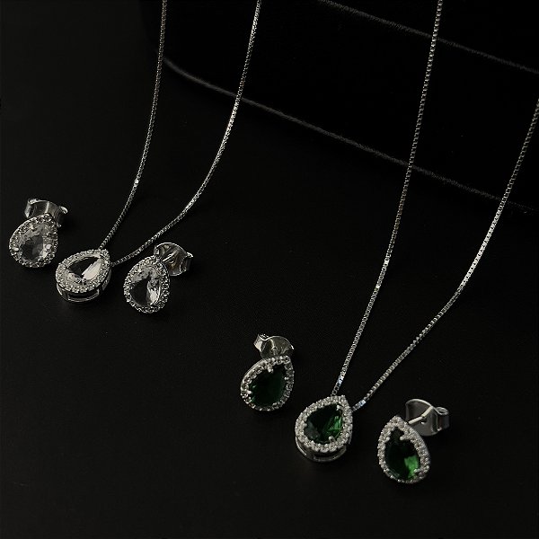 Conjunto Gota Cravejados com Zircônias Prata 925 - CJPR17
