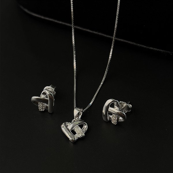 Conjunto Coração Cravejado Entrelaçado Prata 925 - CJPR15