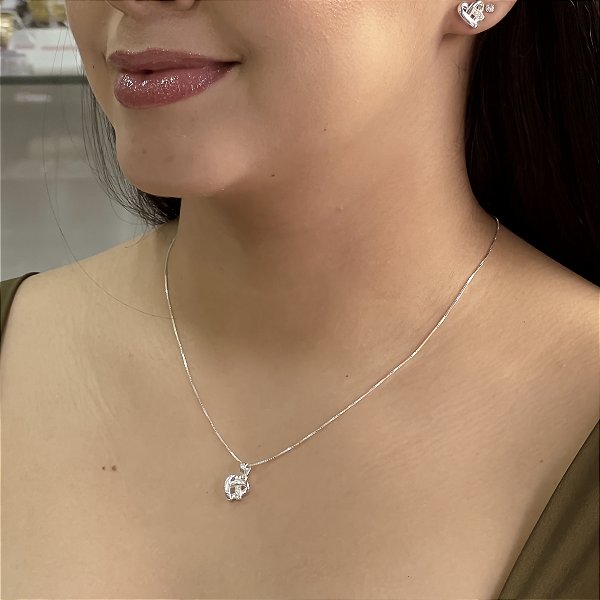 Conjunto Coração Cravejado Entrelaçado Prata 925 - CJPR15