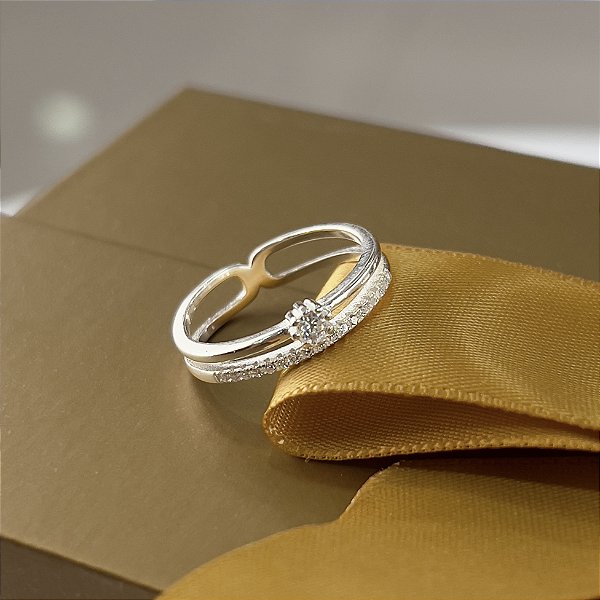 Anel Solitário Duplo Cravejado Prata 925 - APR248