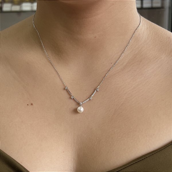 Gargantilha com Pérola e Zircônias Prata 925 com Ródio - CPR792