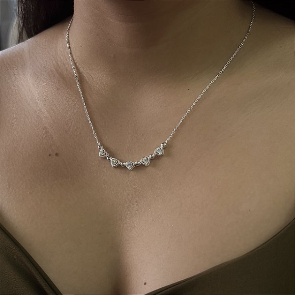 Gargantilha com Bolinhas e Corações com Pedras Prata 925 - CPR796