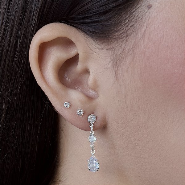 Brincos Pendurados Gota 6x8 com Zircônias 4mm Prata 925 - BPR849