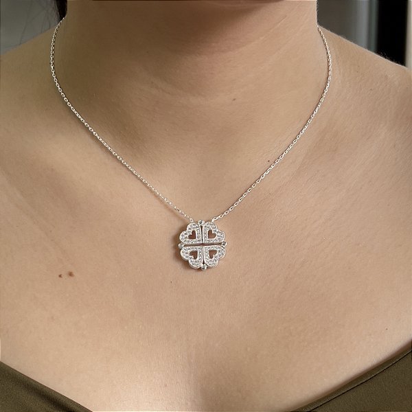 Gargantilha Trevo com Corações Cravejados Prata 925 - CPR800