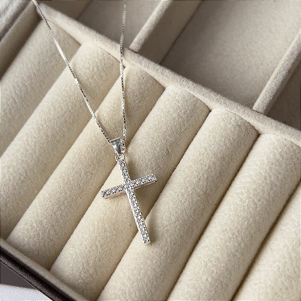 Gargantilha Crucifixo Quadrado Cravejado Prata 925 - CPR806