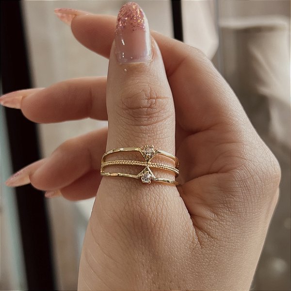 Anel 03 Fios com Zircônias Semijoias 18k - MA154