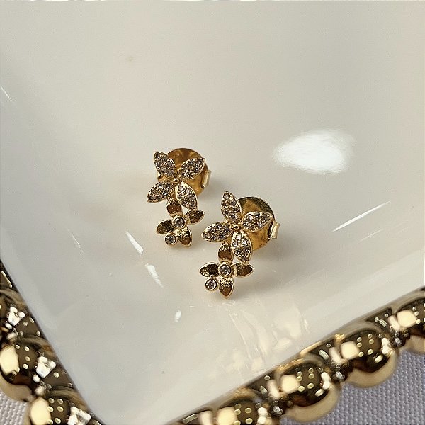 Brincos Flor Dupla Cravejadas Semijoias 18k - MB1079