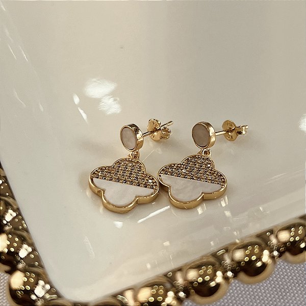 Brincos Trevo Resinado Cravejados Semijoias 18k - MB1144