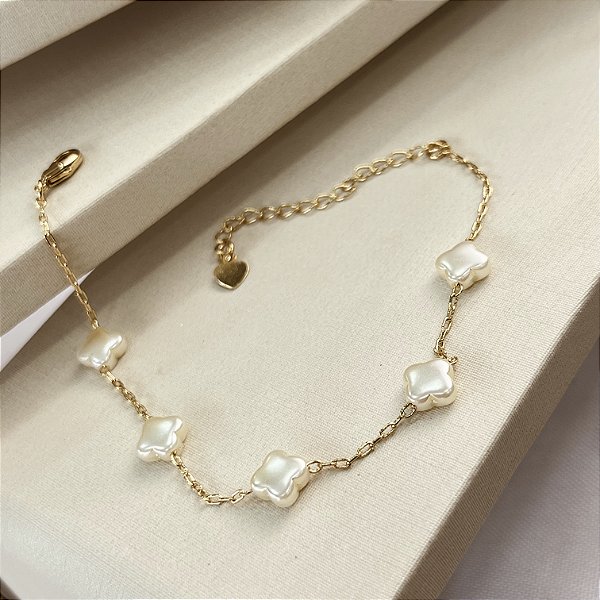 Pulseira com Trevo em Pérola Semijoias 18k - 17cm+5cm extensor - MP738