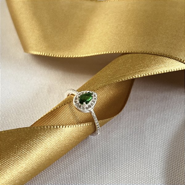 Anel Gota Pedra Verde Prata 925 - APR268