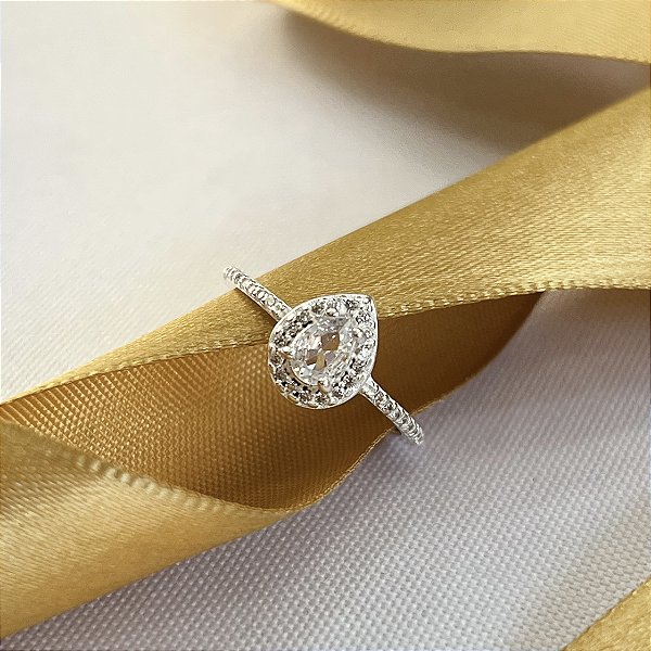 Anel Gota Pedra Cristal Prata 925 -APR269