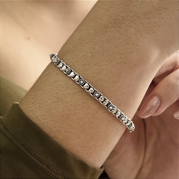 Pulseira de Bali Pikun com Flor e Coração Prata 925 - PPR538