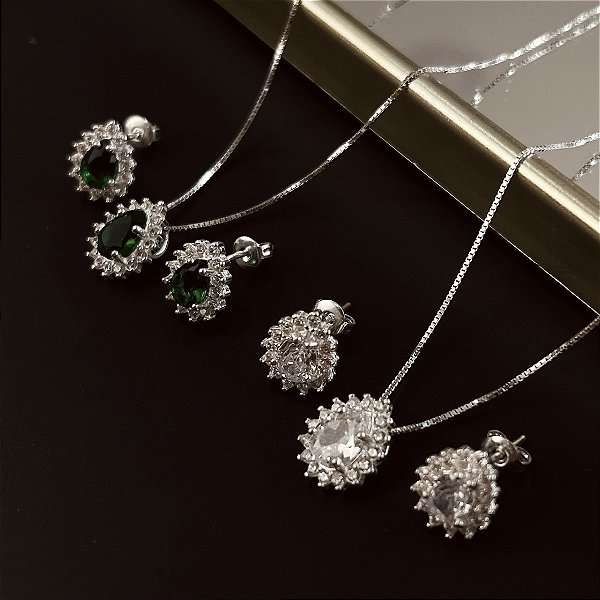 Conjunto Gota com Zircônias Prata 925 - CJPR106