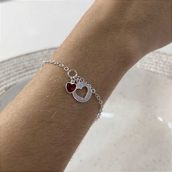 Pulseira Coração com Zircônia Vermelha Prata 925 - PPR556