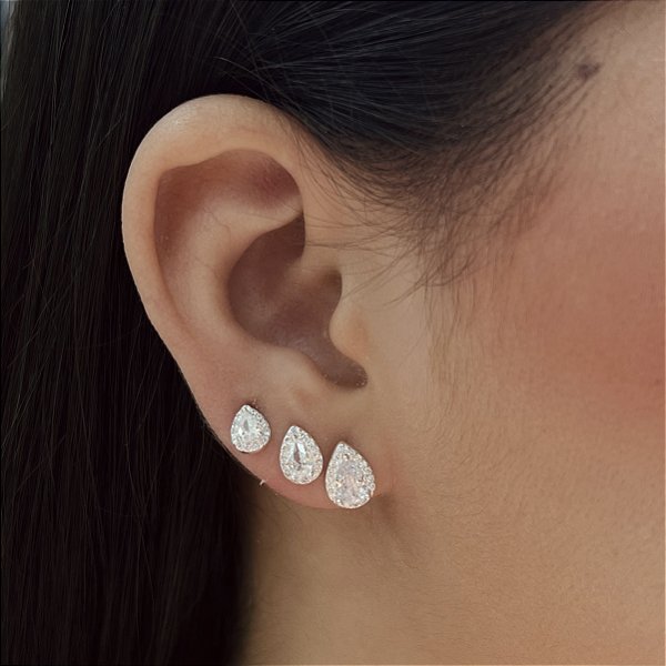 Trio de Brincos Gota Cravejada Prata 925 - 7/8/9mm - BPR870