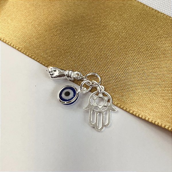 Pingente Patuá Olho Grego com Figa e Mão de Fátima Prata 925 - PIPR435