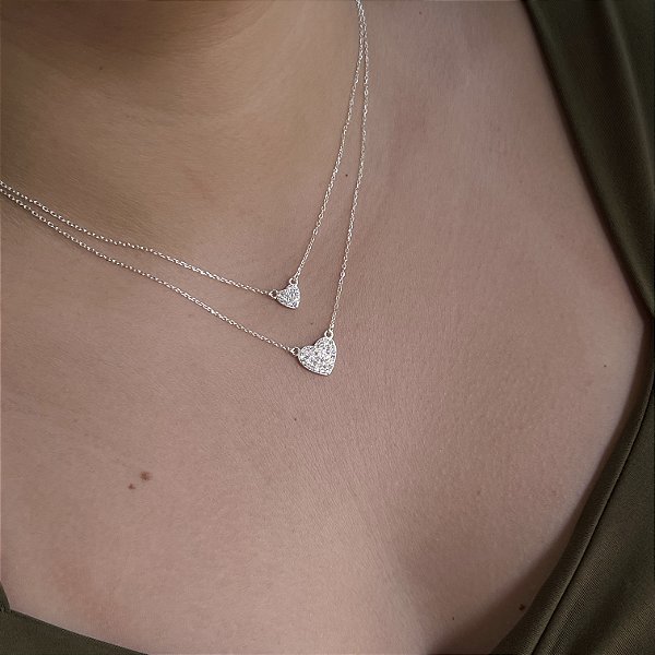 Gargantilha Dupla Coração Cravejado Prata 925 - CPR826