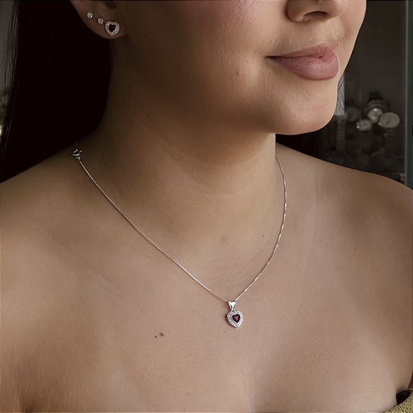 Conjunto Coração Vermelho Cravejado Prata 925 - CJPR123