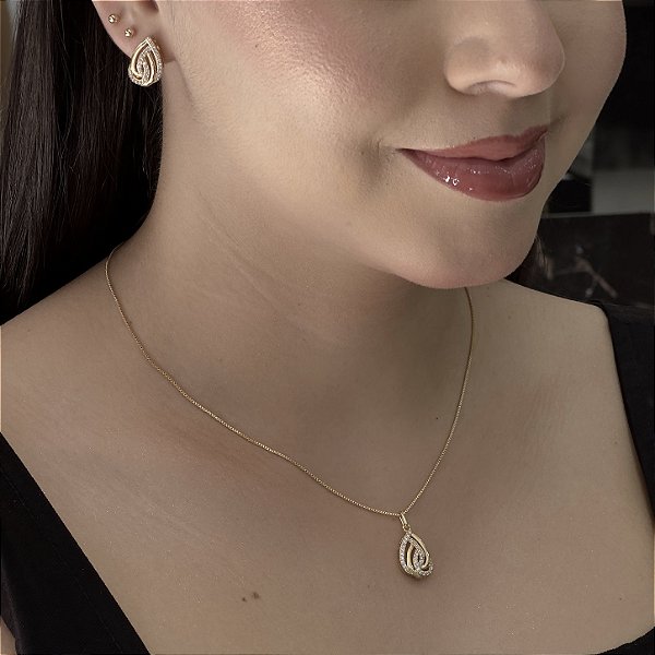 Conjunto Gota Luxo Cravejado Semijoias18k - M6J02