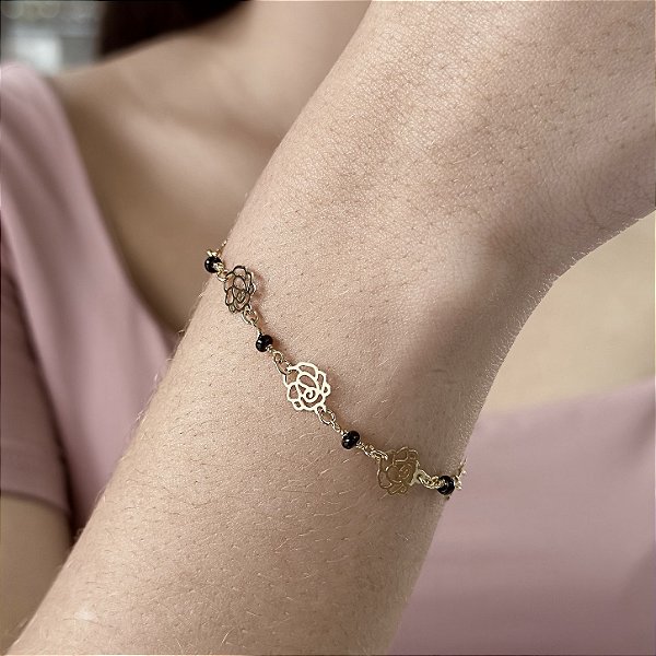 Pulseira Flor com Bolinhas Pretas Semijoias 18k - MP754