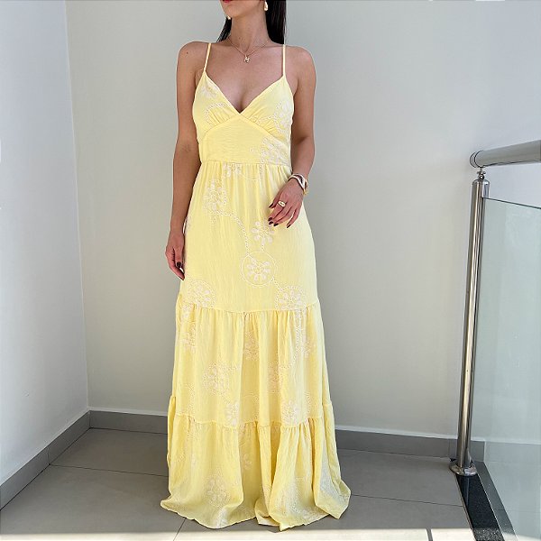Vestido Bordado Ester Amarelo Manteiga