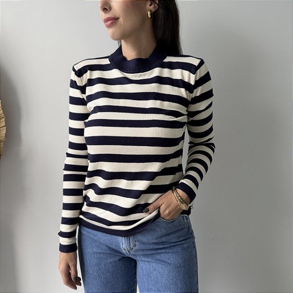 Blusa Listrada Manga Longa Fabí Azul