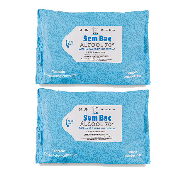 Lenço Umedecido 128 UN Alcool 70 SEMBAC elimina 99% bactérias