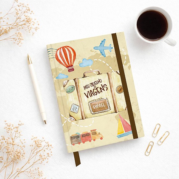 Caderno A5 viagem mala antiga vintage com elástico