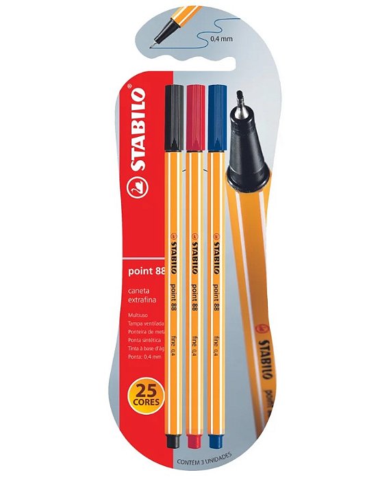 Kit Caneta Hidrográfica 0.4mm Stabilo Point 88 Kit c/ 3 Um AZ-PR-VM