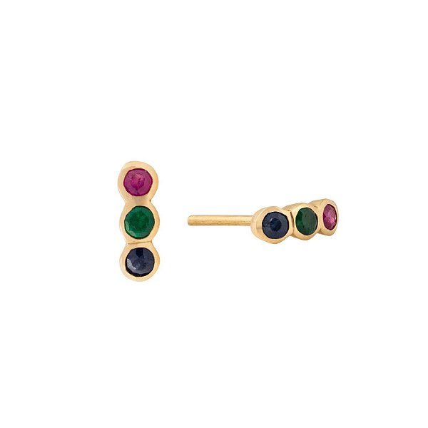 Studs Trio Rubis, Esmeraldas e Safiras