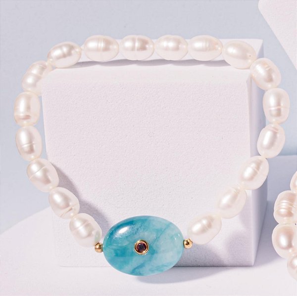 Pulseira Solara Jade Amazonita Pérolas Ouro 18k