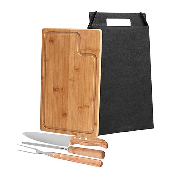 Kit churrasco 4 peças com cabos e tábua em bambu personalizado. - Cód.: MB04103SM