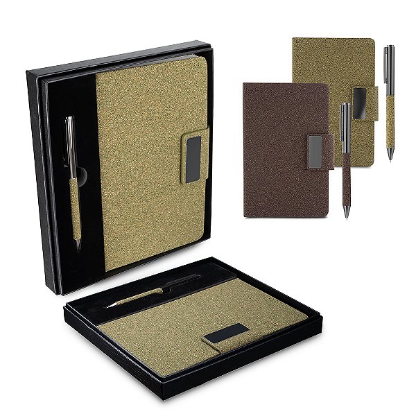 Kit escritório A5 em PU e fibra de café ou chá e Caneta Metalica - Cód.: CAD445