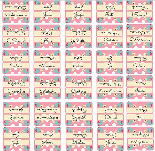 Abas Adesivas para Bíblia Laminadas Rosa com Passarinho - Divisórias com Nomes dos Livros