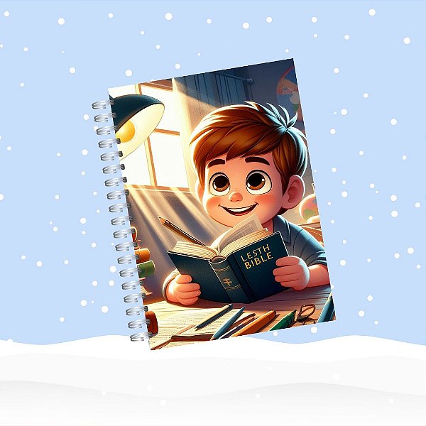 Bíblia Infantil Personalizada - Ilustrada com Histórias Resumidas da Bíblia - Menino Cabelo Castanho Lendo a Bíblia