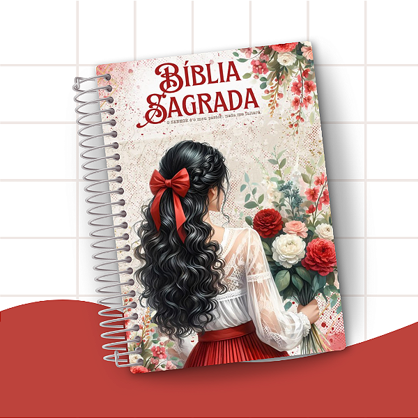 Bíblia Sagrada com Arame Personalizada - Evangélica - Almeida - Revista Corrigida | Menina Floral Vermelha