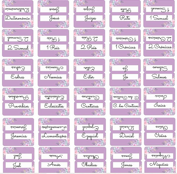 Abas Adesivas para Bíblia Laminadas Lilás com Flores - Divisórias com Nomes dos Livros