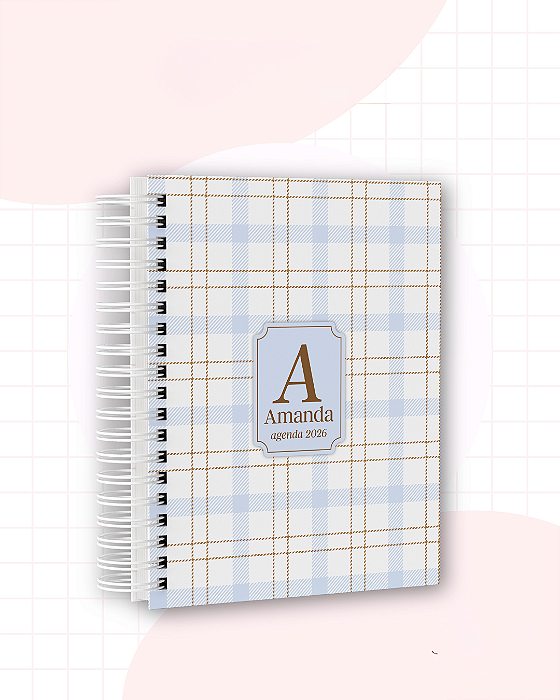 Agendas 2026 Feminina Personalizadas | Xadrez Azul Claro e Amarelo
