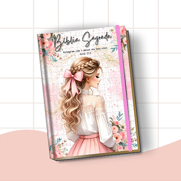 Bíblia Letra Hiper Plus com Harpa – Leitura Confortável e Edição Completa | Menina Loira Floral Rosa