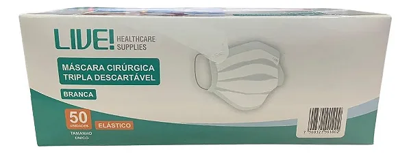 Máscara Descartável Tripla Branca Live HS - 50 Unidades