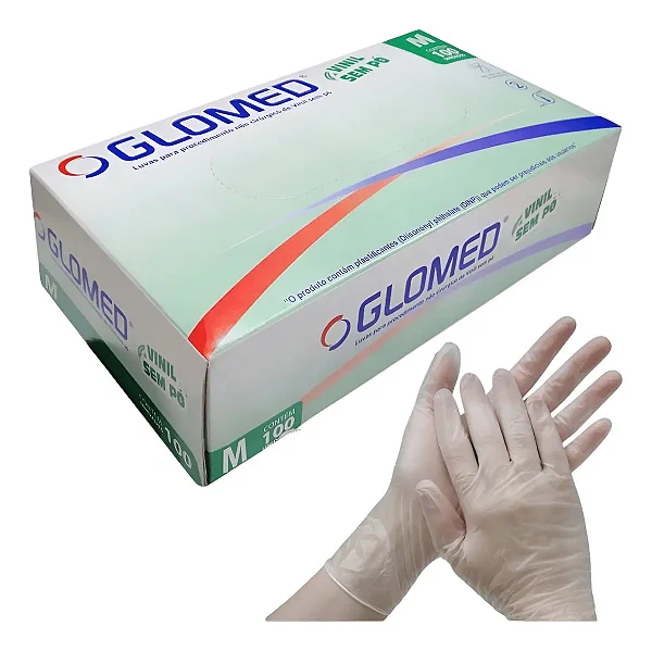 Luva de Vinil Sem Pó Glomed Transparente - Caixa com 100 unidades