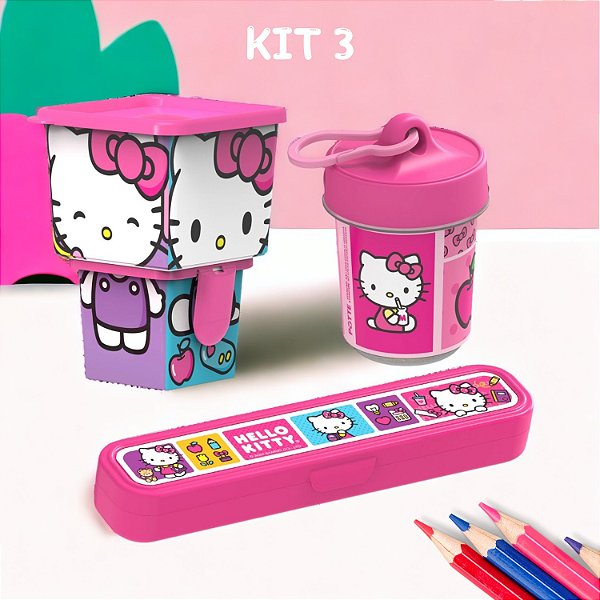 Kit 4 Peças Pote Lancheira Organizador Multiuso Hello Kitty 50 Anos Personagem
