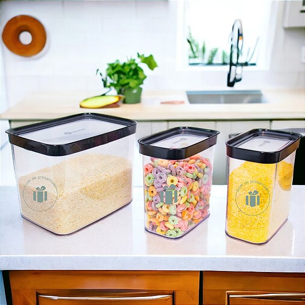 Jogo 3 Potes Herméticos Acrílico Porta Alimentos Arroz Farinha Açúcar Café