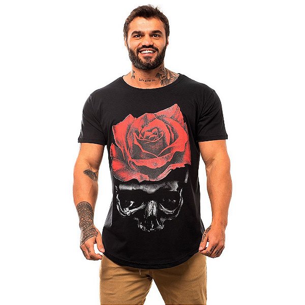 Camiseta Longline Masculina MXD Conceito Limitada Dark Skul And Rose