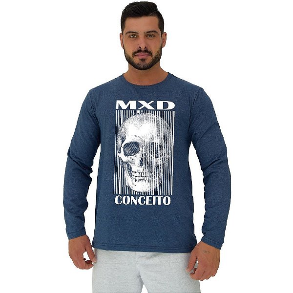 Camiseta Manga Longa Moletinho MXD Conceito Skull Caveira De Barras