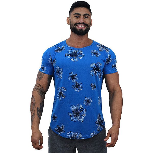 Camiseta Longline Fullprint Masculina MXD Conceito Flores no Azul